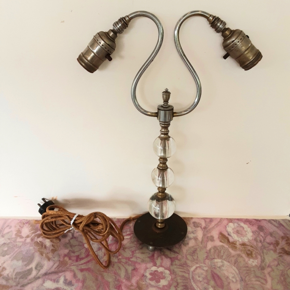 Vintage Dual Arm Table Lamp, Nickel Plated and Lucite
